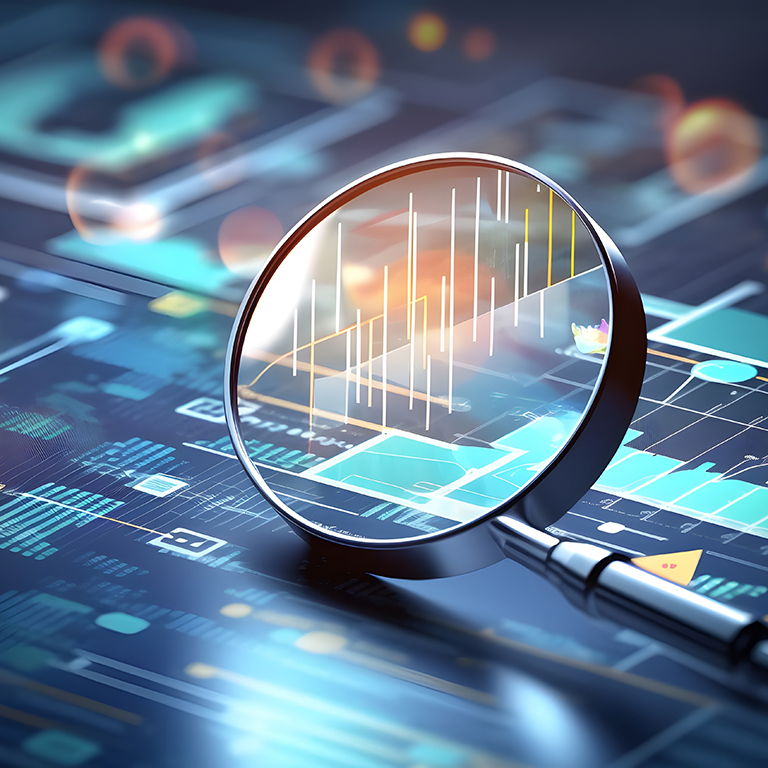 Looking digital data analysis and graphs through a magnifying glass.